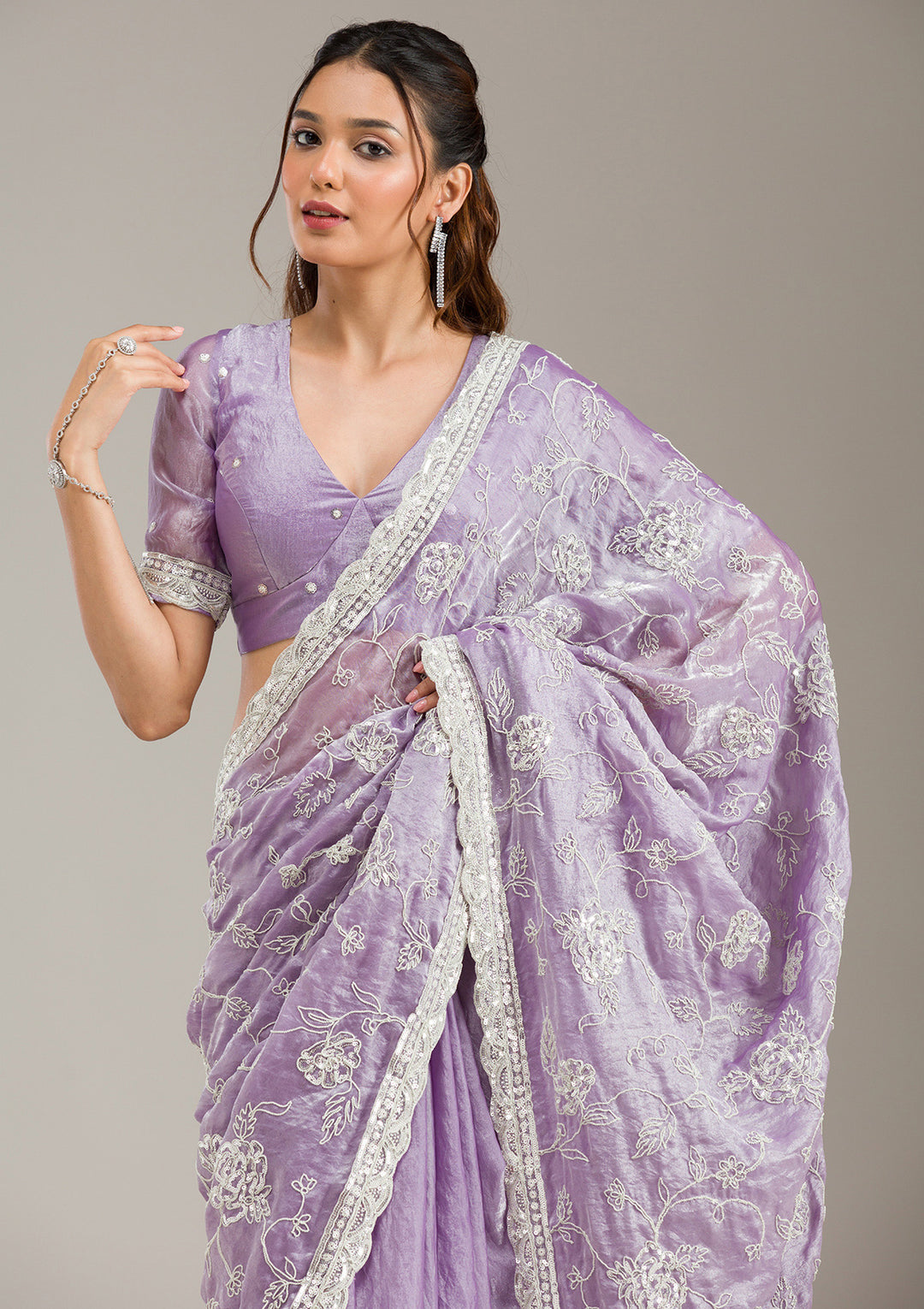 Lavender Tissue Cording Saree With Matching Blouse Piece