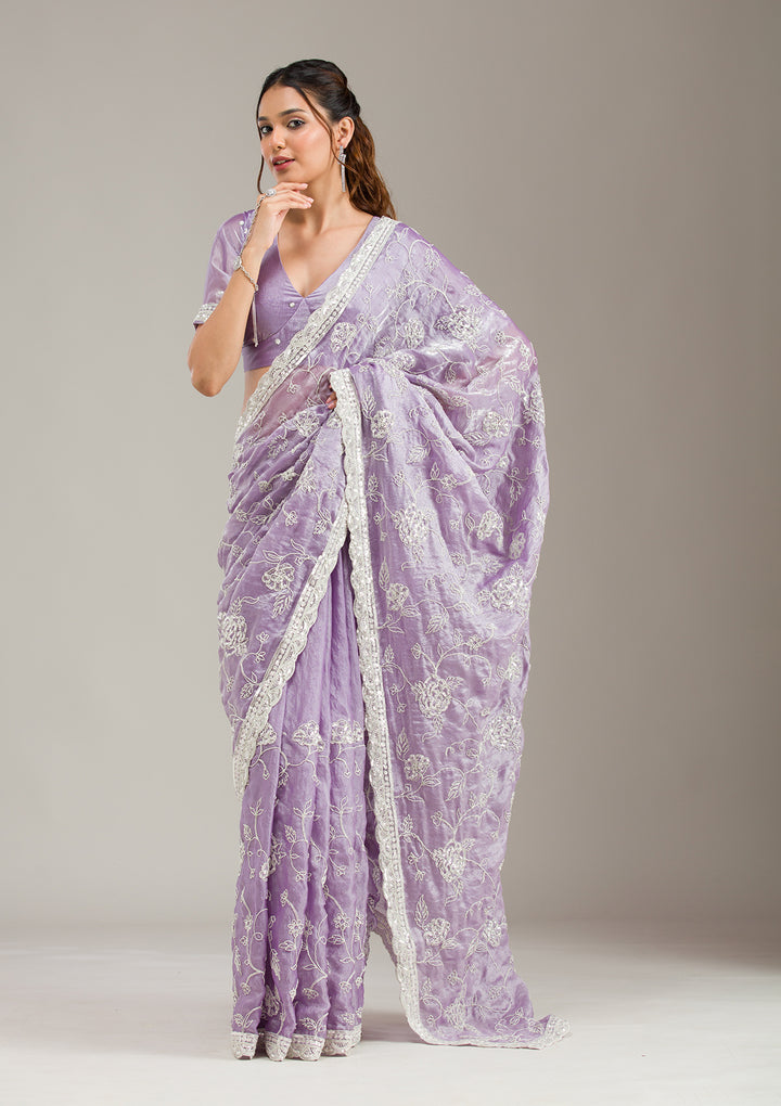 Lavender Tissue Cording Saree With Matching Blouse Piece