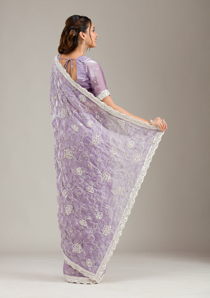 Lavender Tissue Cording Saree With Matching Blouse Piece
