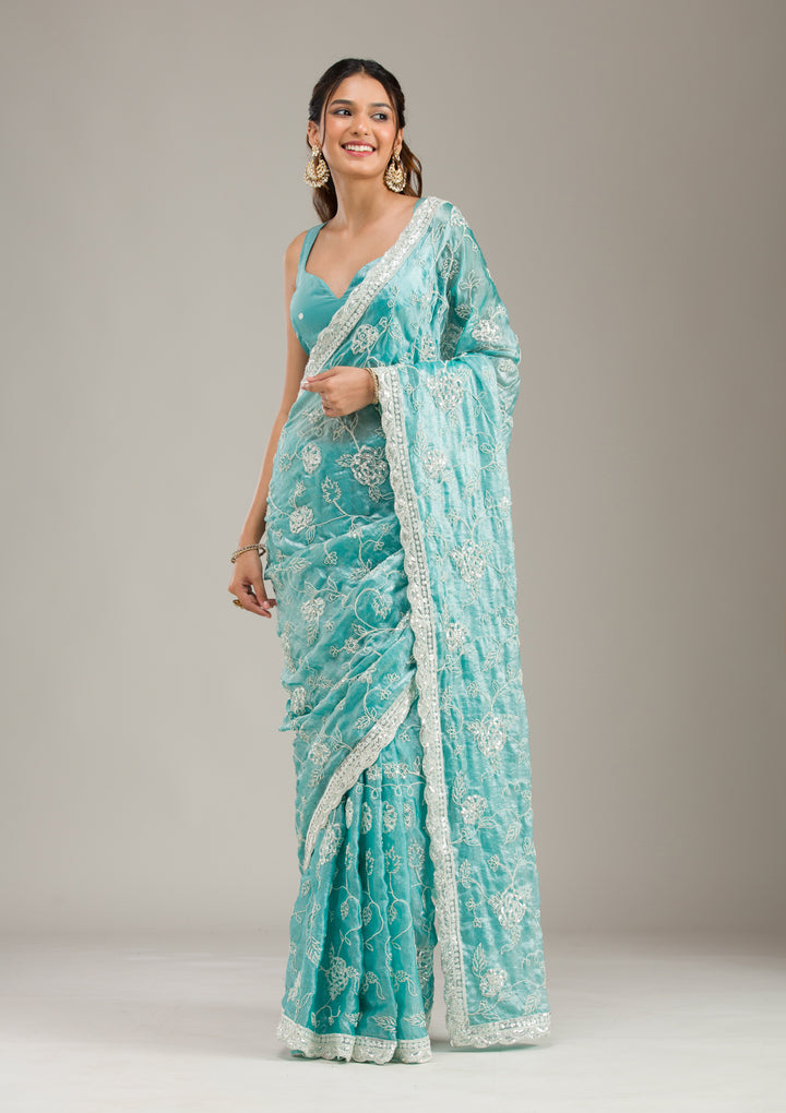 Sea Green Kashmiri Soft Raw Silk Saree