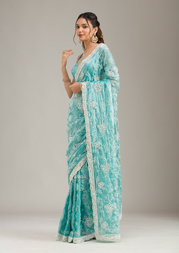 Sea Green Kashmiri Soft Raw Silk Saree
