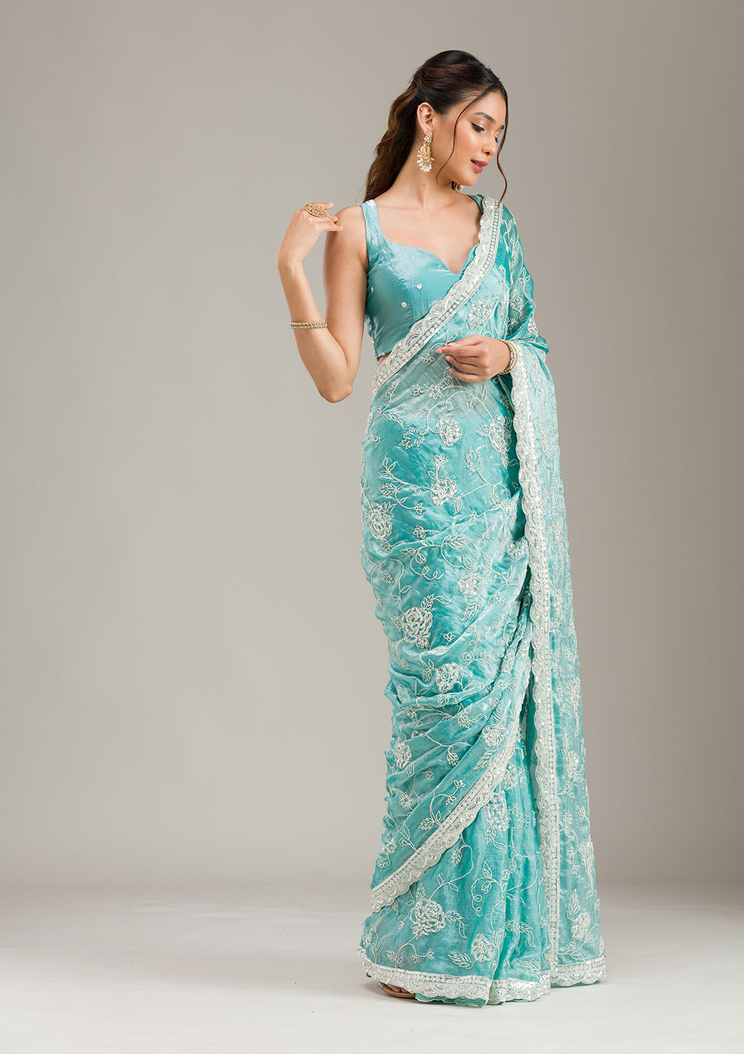 Sea Green Kashmiri Soft Raw Silk Saree