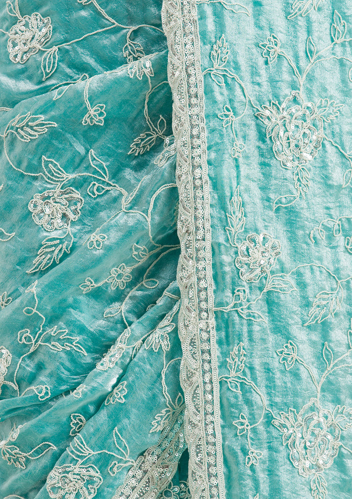 Sea Green Kashmiri Soft Raw Silk Saree