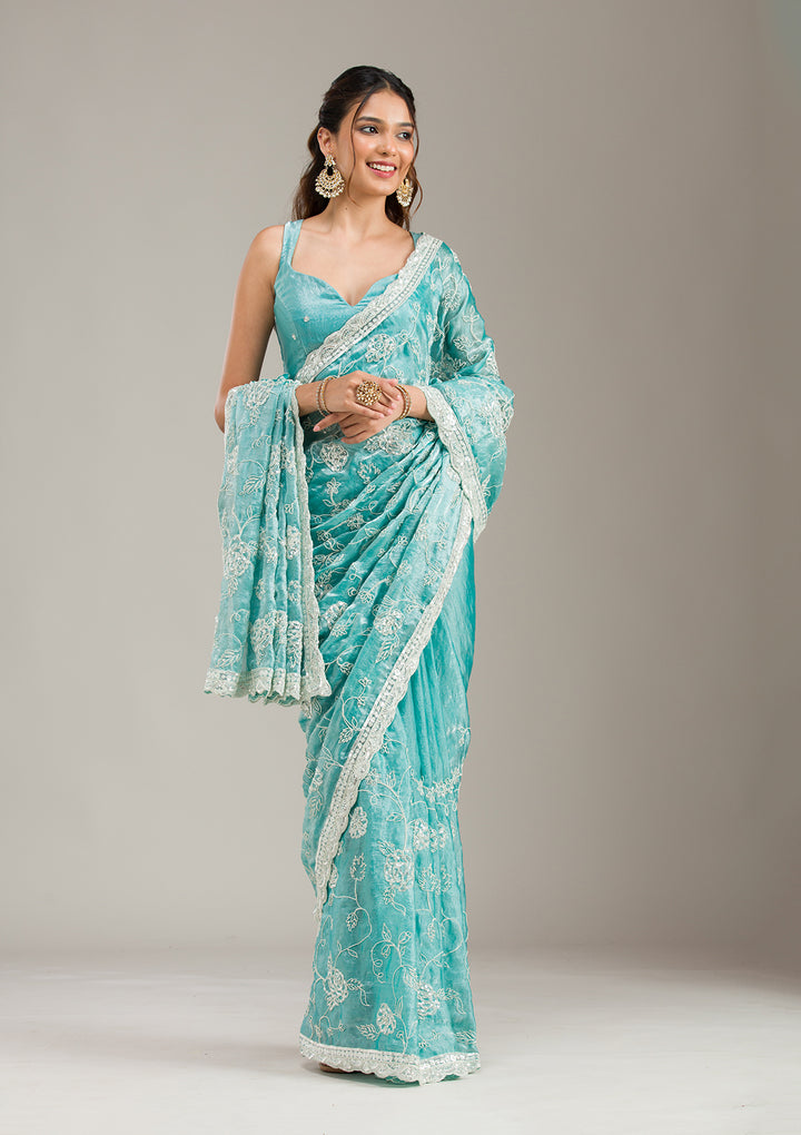 Sea Green Kashmiri Soft Raw Silk Saree