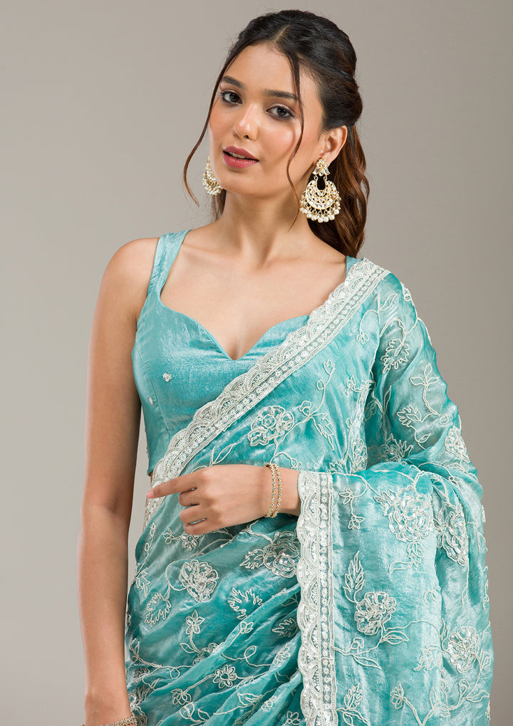 Sea Green Kashmiri Soft Raw Silk Saree