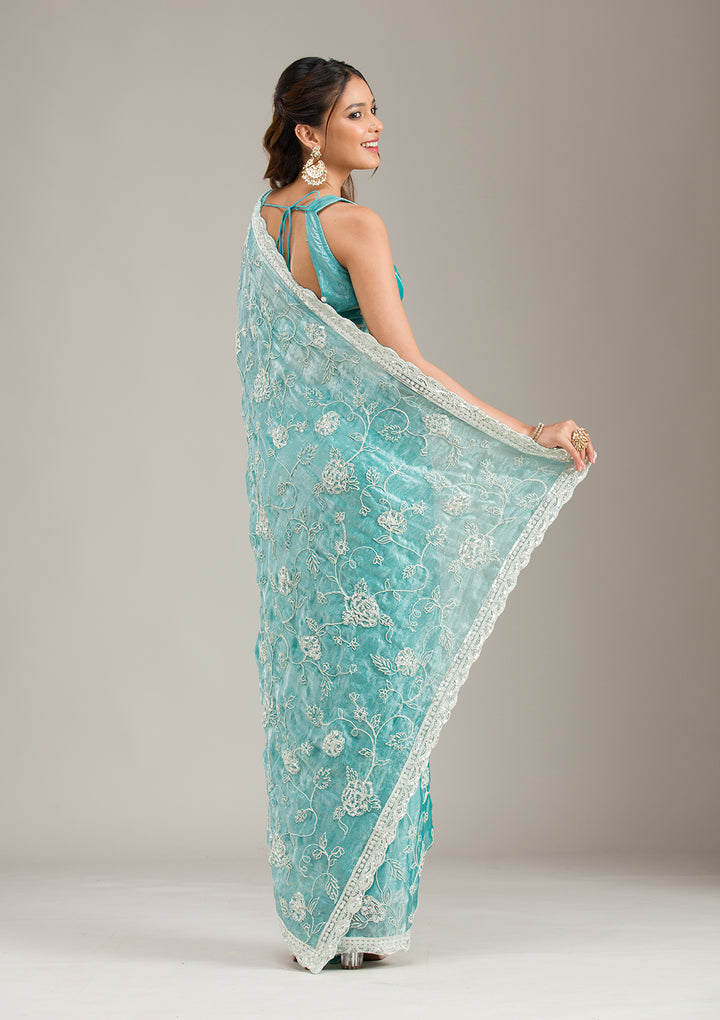 Sea Green Kashmiri Soft Raw Silk Saree