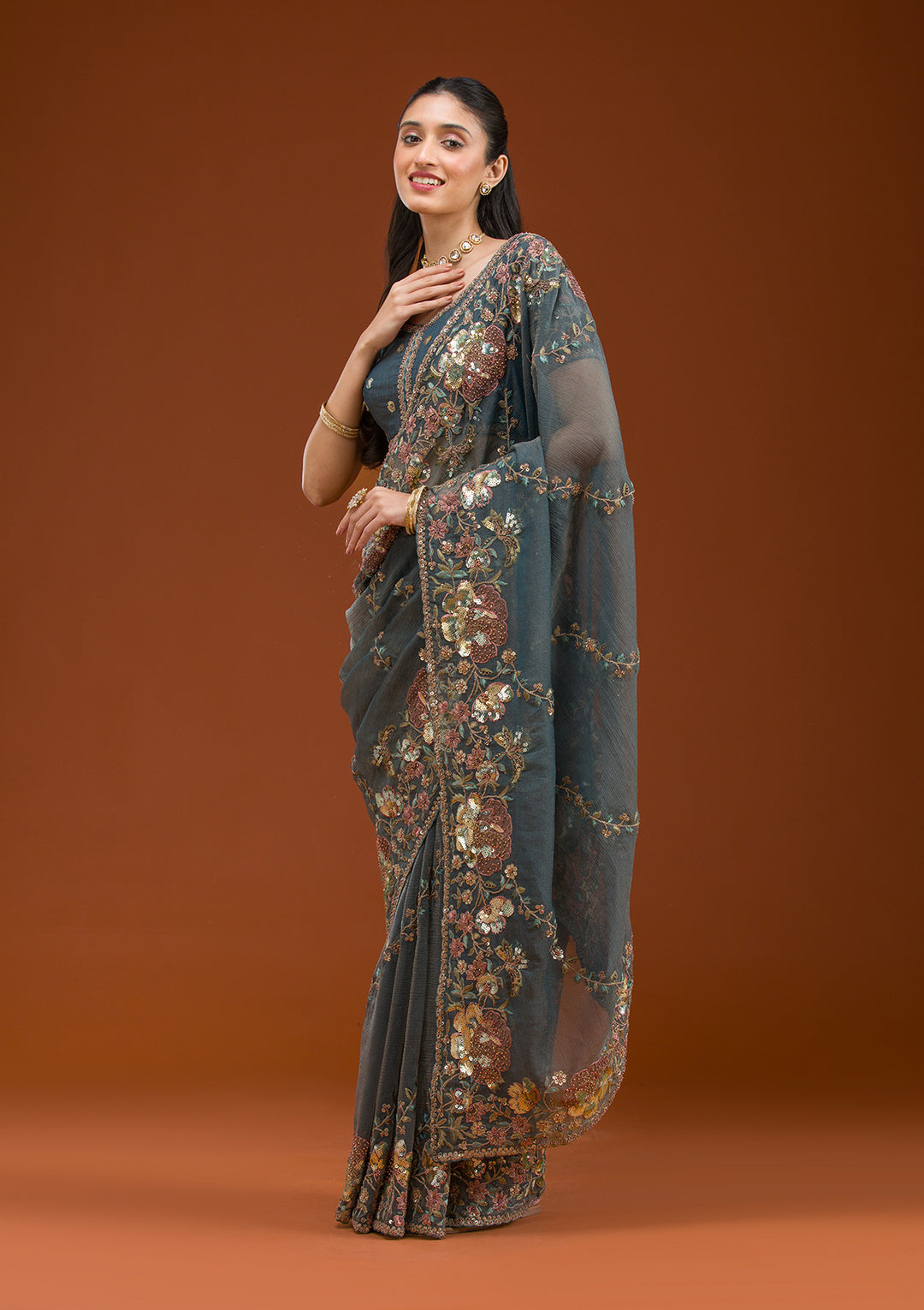 Light Grey Sequins Tissue Saree