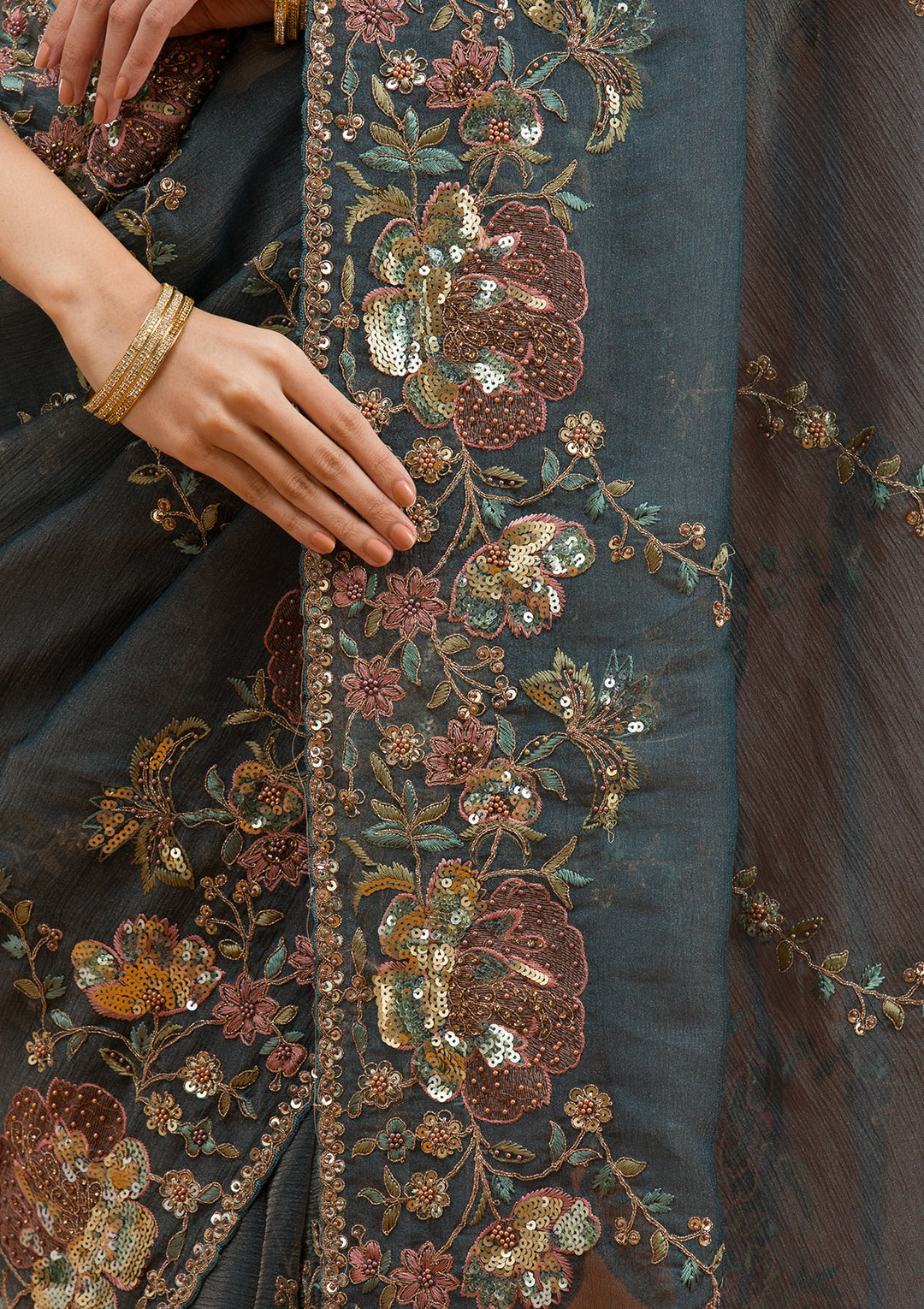 Light Grey Sequins Tissue Saree