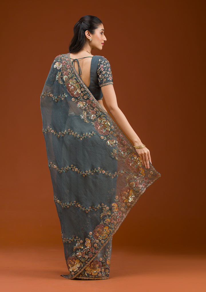 Light Grey Sequins Tissue Saree