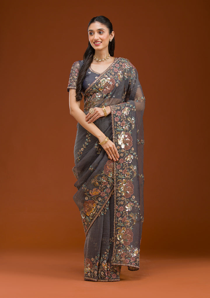 Purple Sequins Tissue Saree