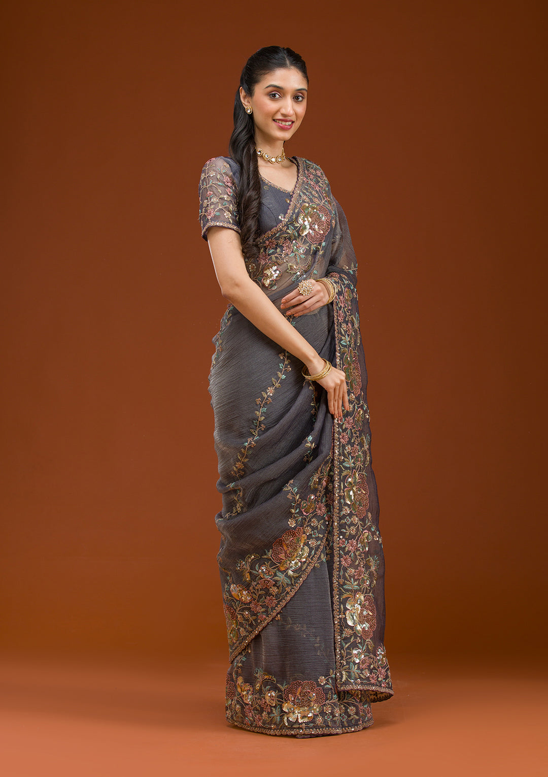 Purple Sequins Tissue Saree