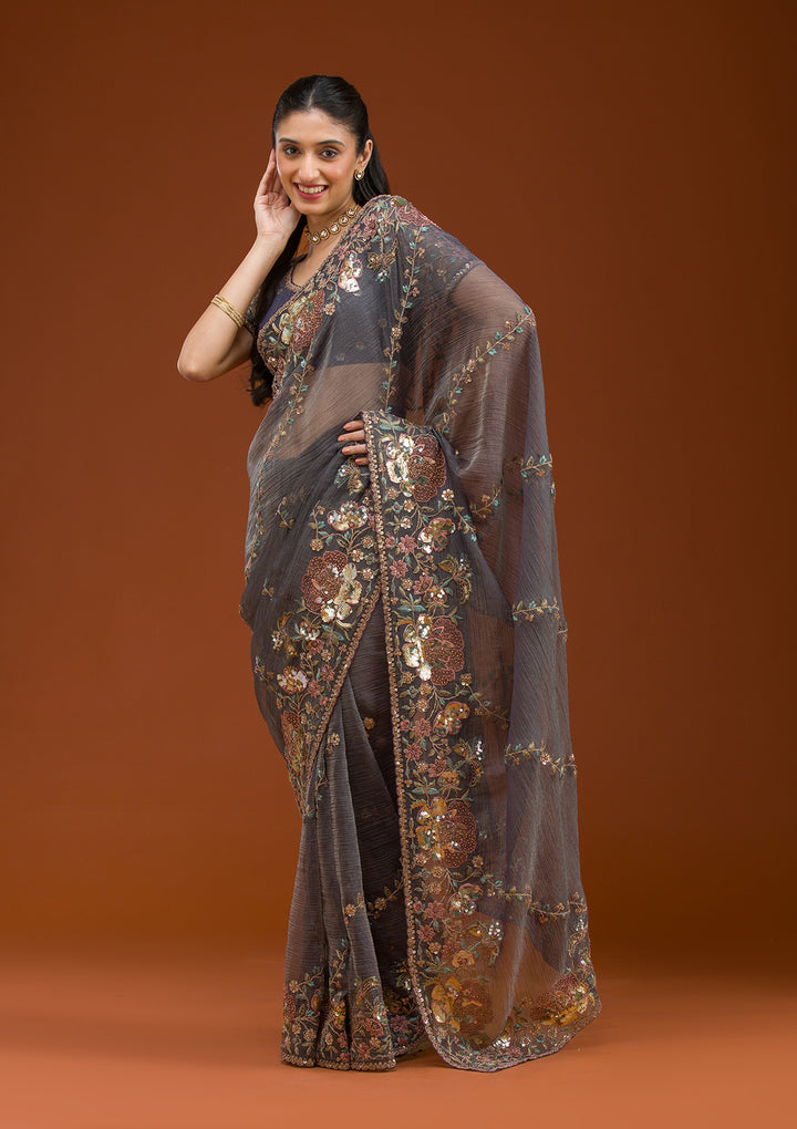 Purple Sequins Tissue Saree
