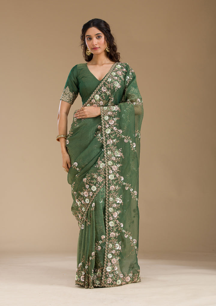 Bottle Green Sequins Tissue Saree
