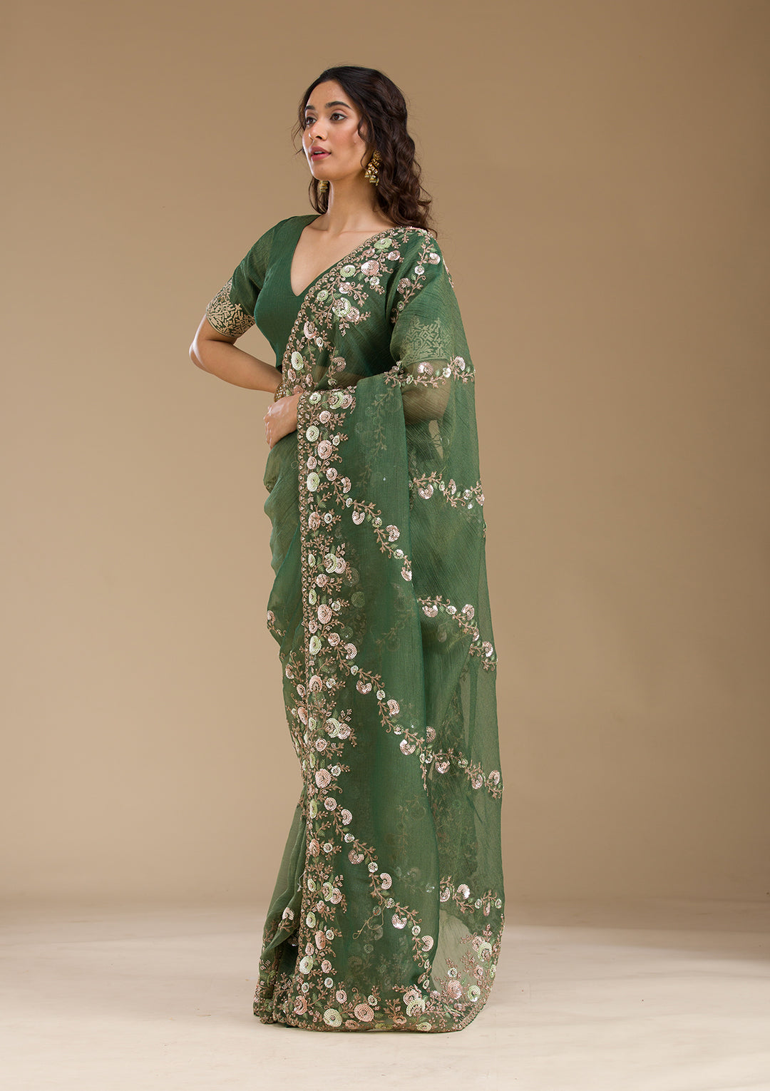 Bottle Green Sequins Tissue Saree