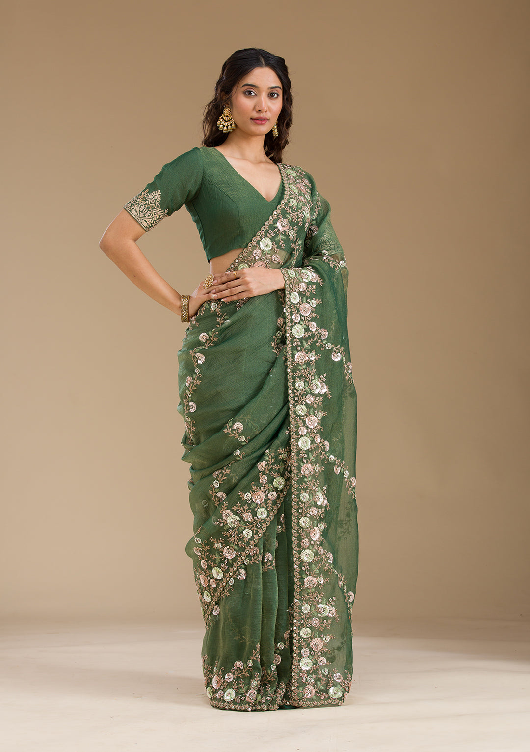 Bottle Green Sequins Tissue Saree