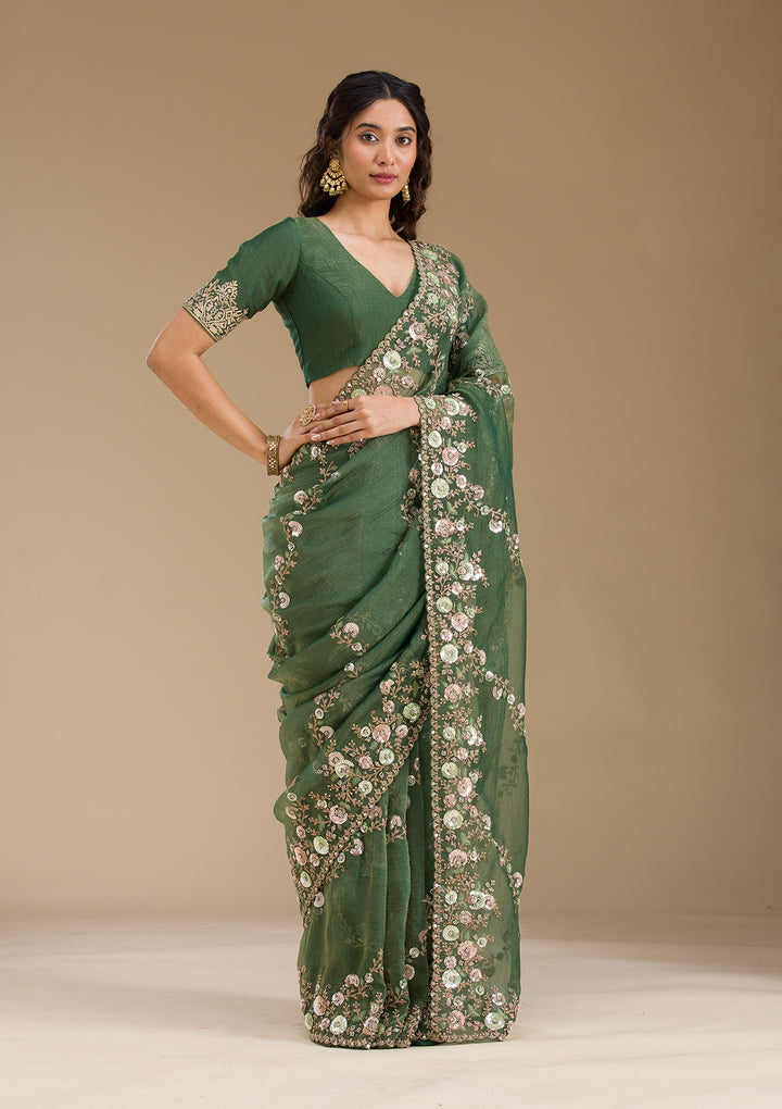 Bottle Green Sequins Tissue Saree
