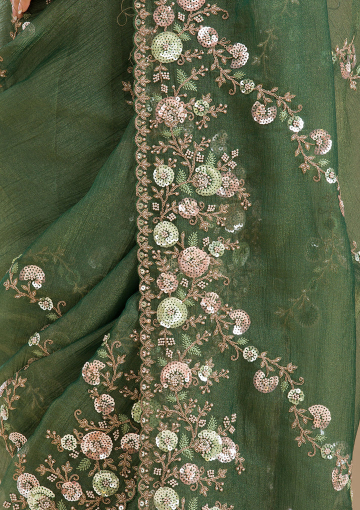 Bottle Green Sequins Tissue Saree