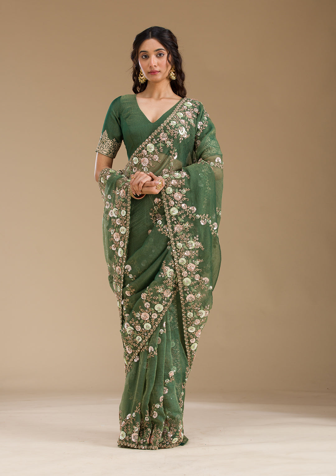 Bottle Green Sequins Tissue Saree