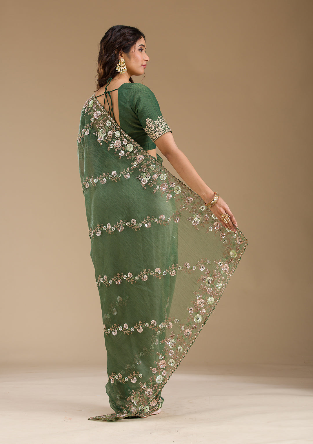 Bottle Green Sequins Tissue Saree