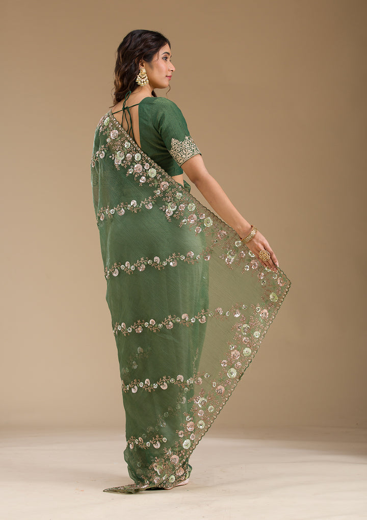Bottle Green Sequins Tissue Saree