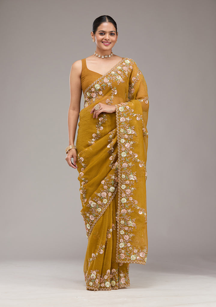 Mustard Sequins Tissue Saree