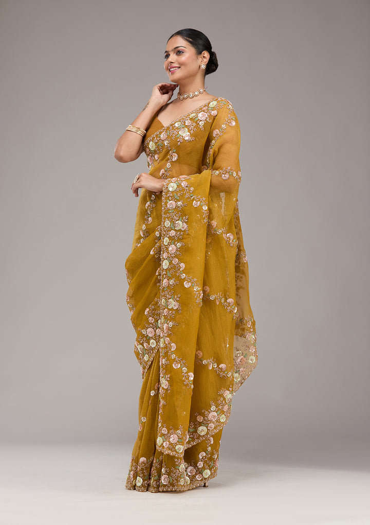 Mustard Sequins Tissue Saree