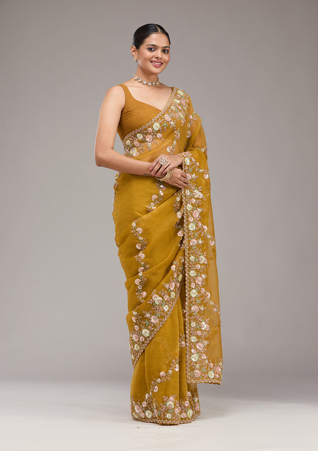 Mustard Sequins Tissue Saree