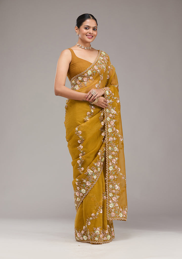 Mustard Sequins Tissue Saree