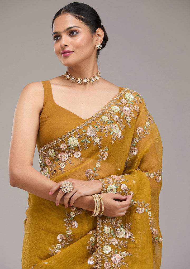 Mustard Sequins Tissue Saree