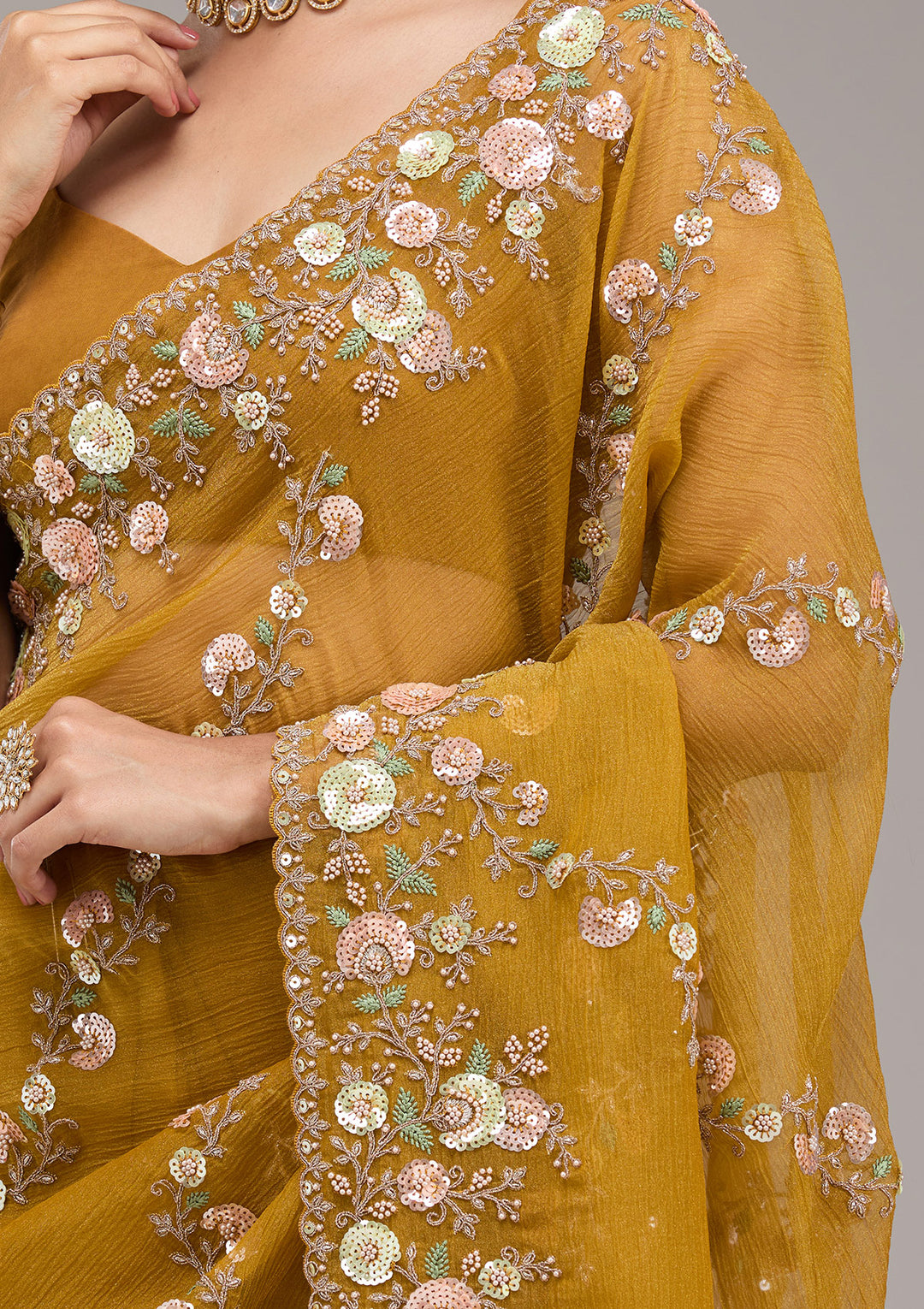 Mustard Sequins Tissue Saree