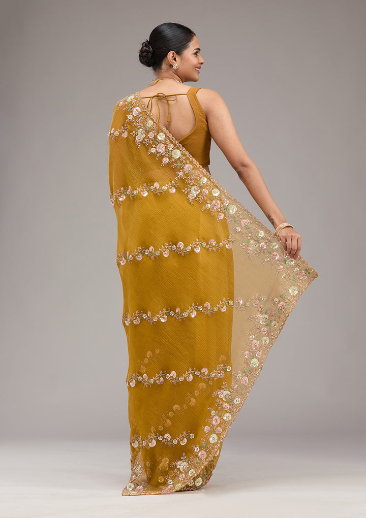 Mustard Sequins Tissue Saree