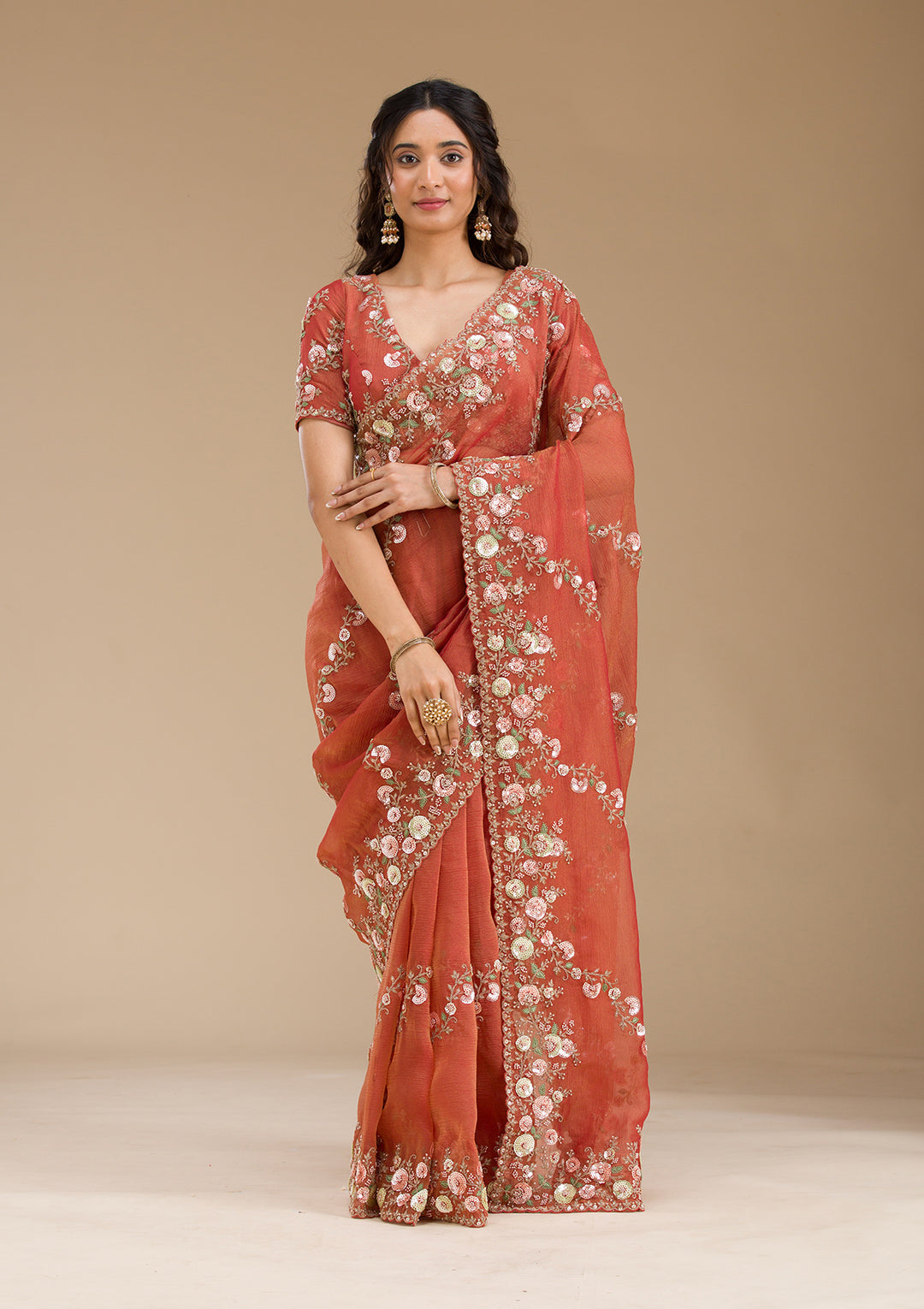 Rust Sequins Tissue Saree