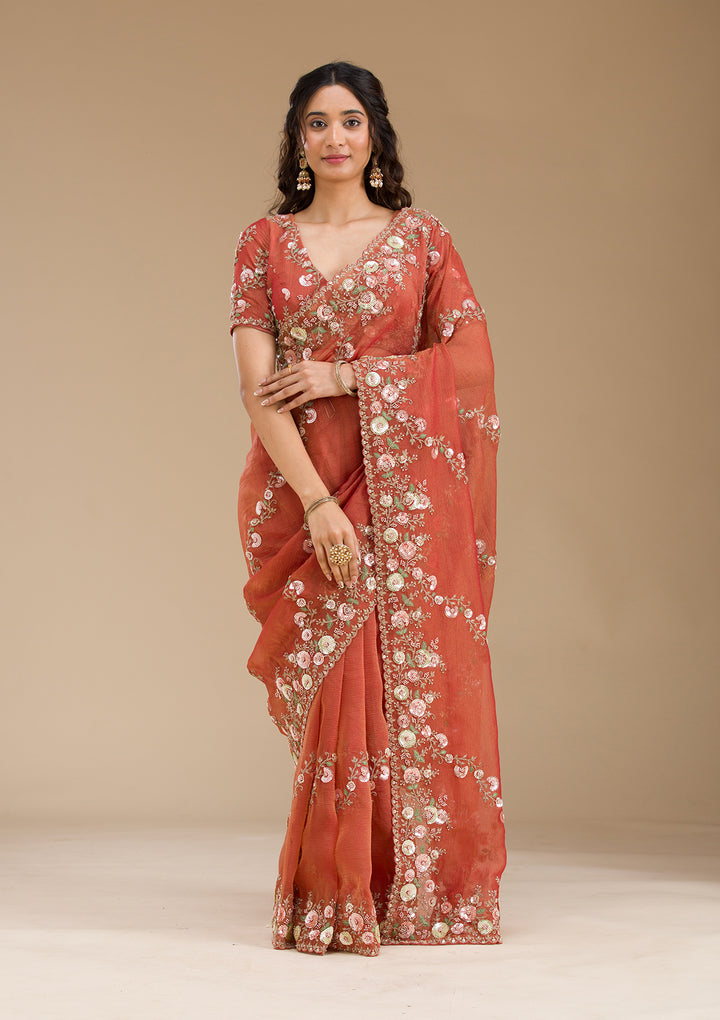 Rust Sequins Tissue Saree