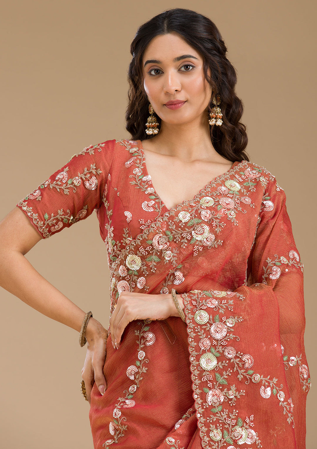 Rust Sequins Tissue Saree