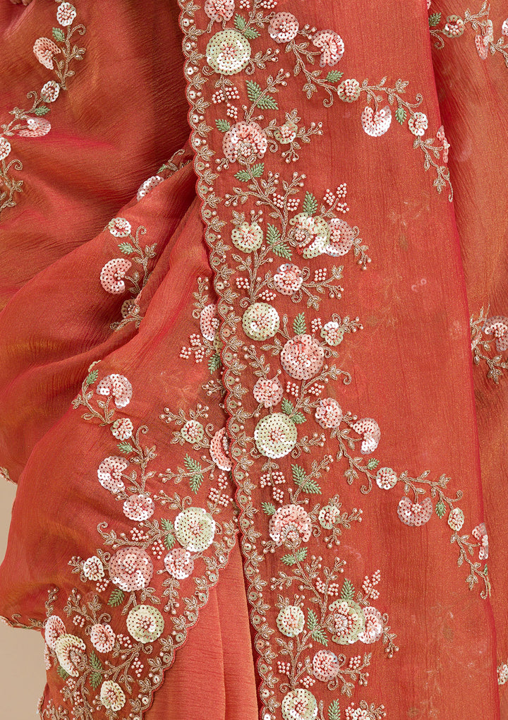 Rust Sequins Tissue Saree