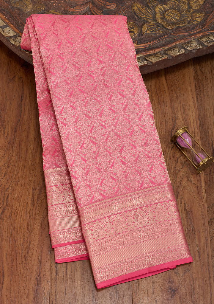 Pink Silk Jaal Gold Zariwork Saree With Matching Blouse Piece