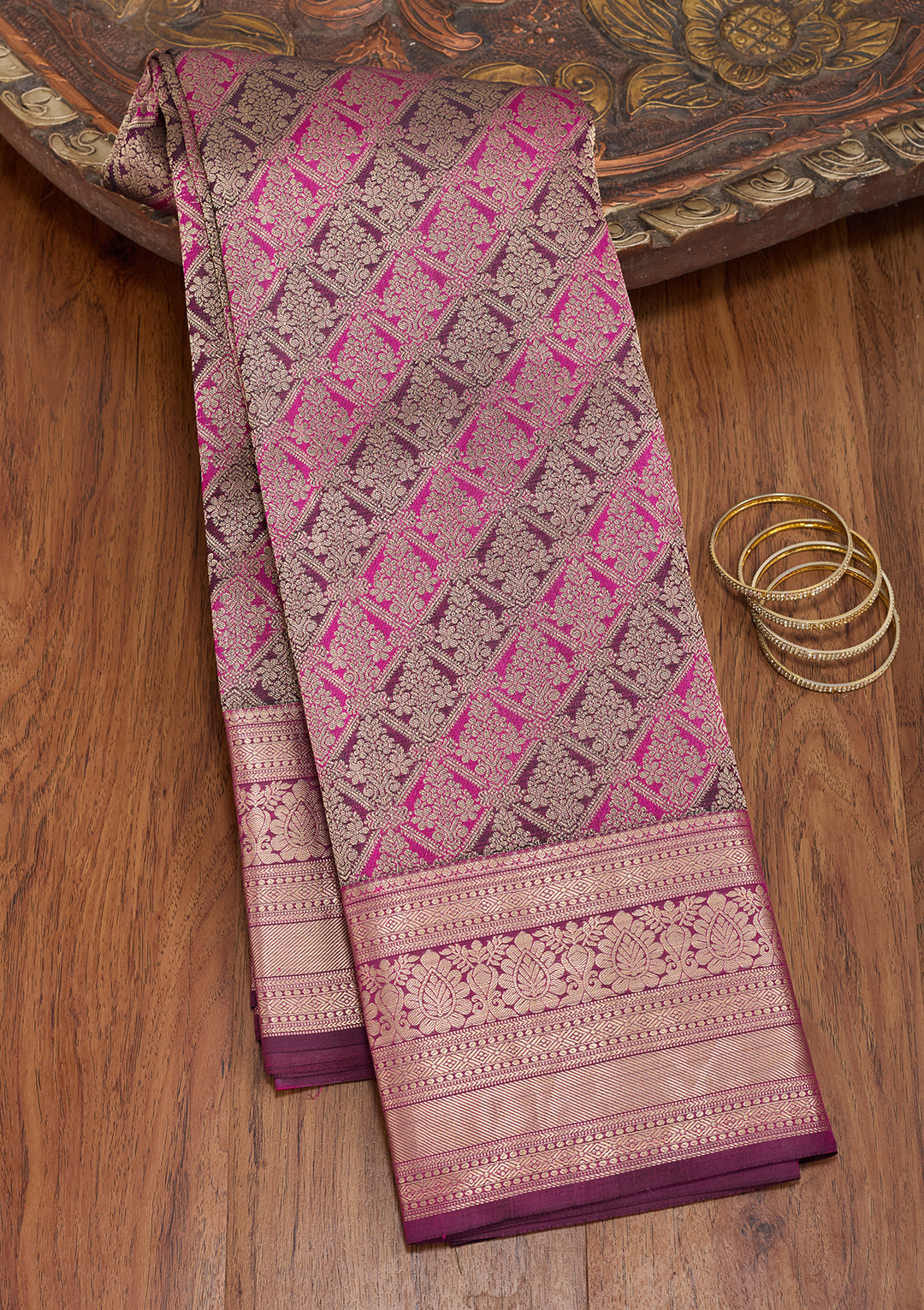 Rani Pink Silk Jaal Gold Zariwork Saree With Matching Blouse Piece
