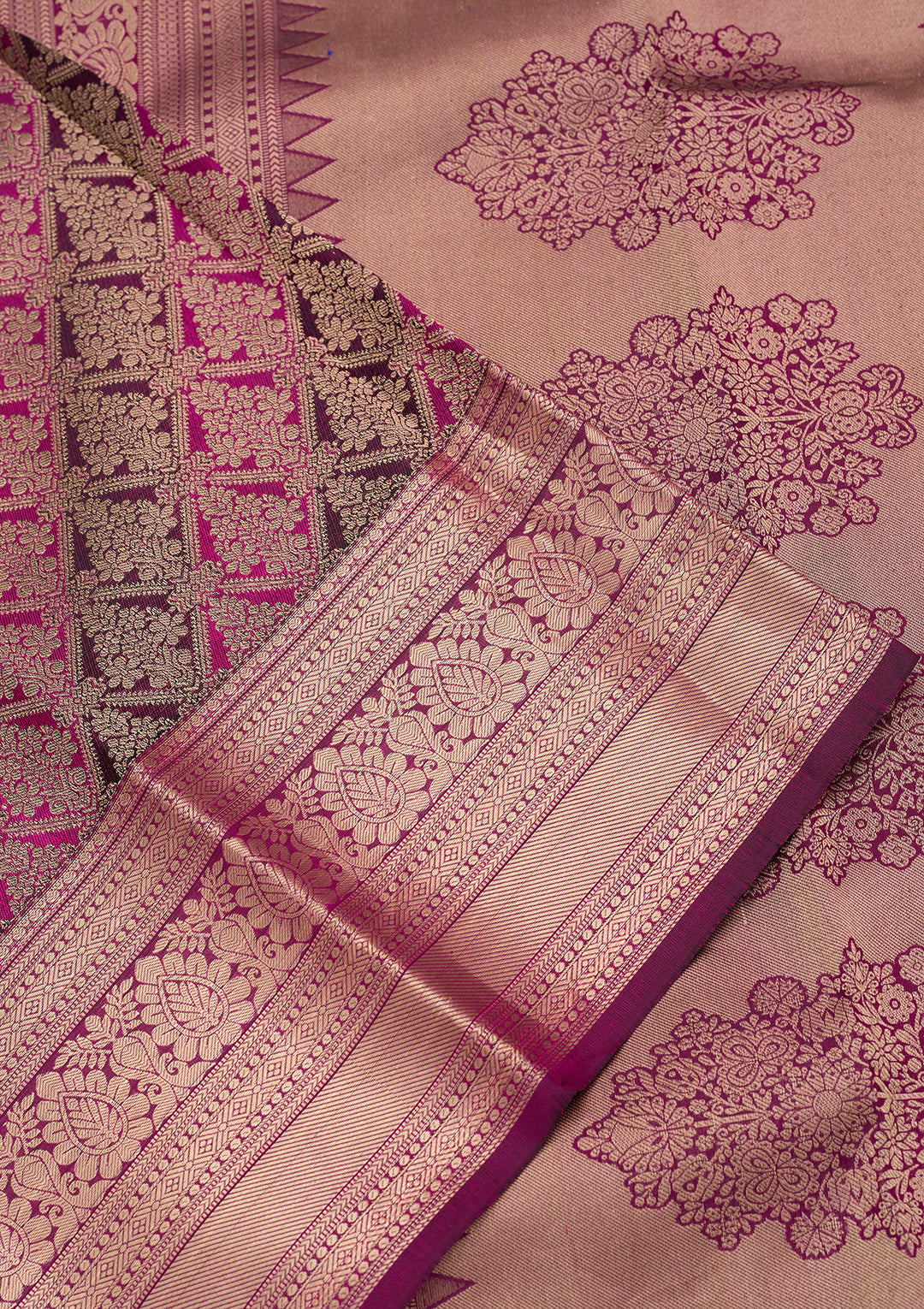 Rani Pink Silk Jaal Gold Zariwork Saree With Matching Blouse Piece