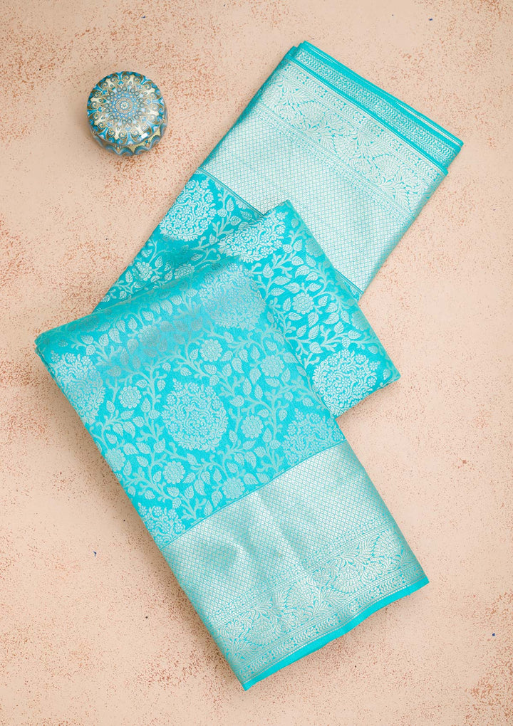 Turquoise Blue Silk Jaal Silver Zariwork Saree With Matching Blouse Piece