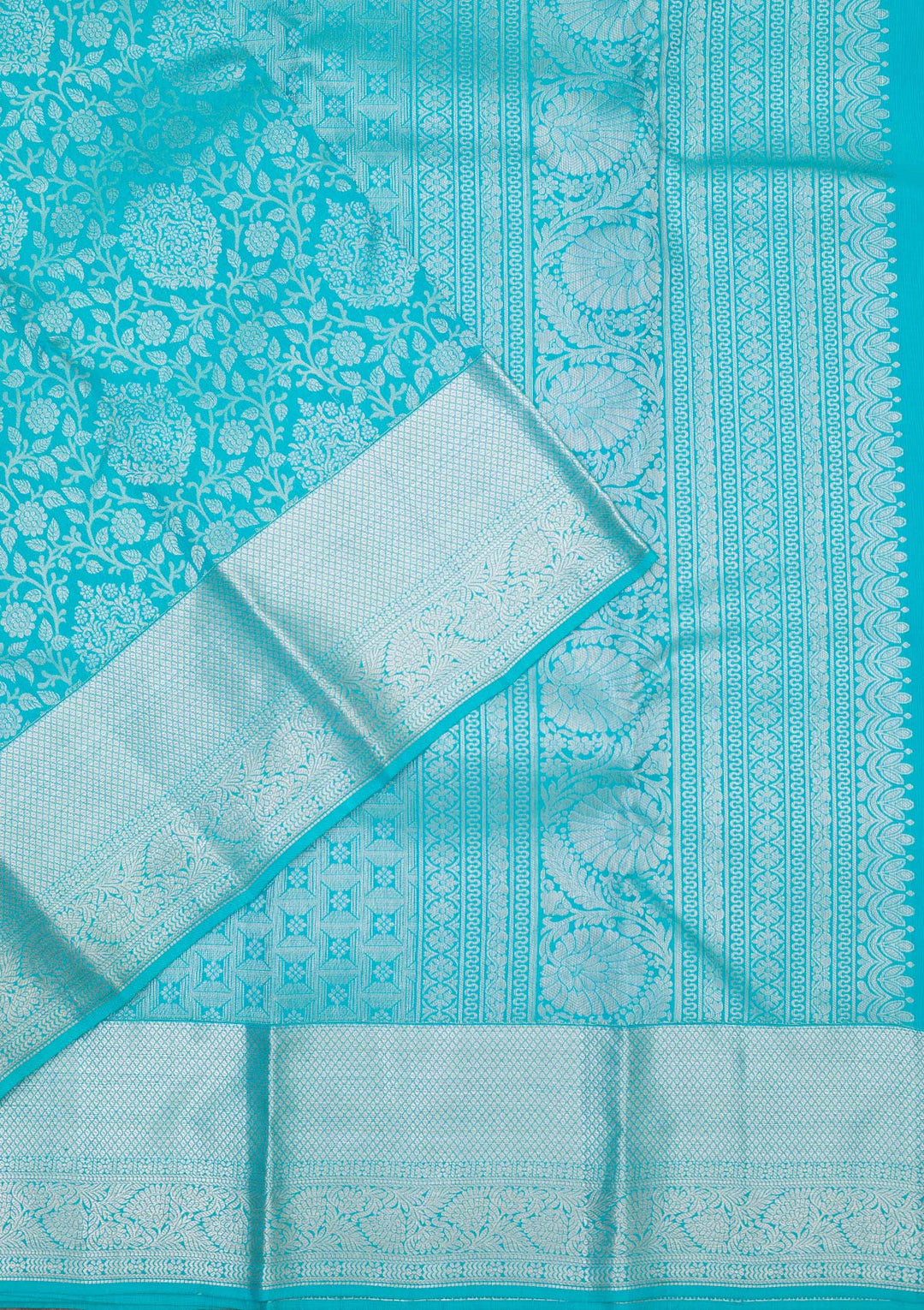 Turquoise Blue Silk Jaal Silver Zariwork Saree With Matching Blouse Piece