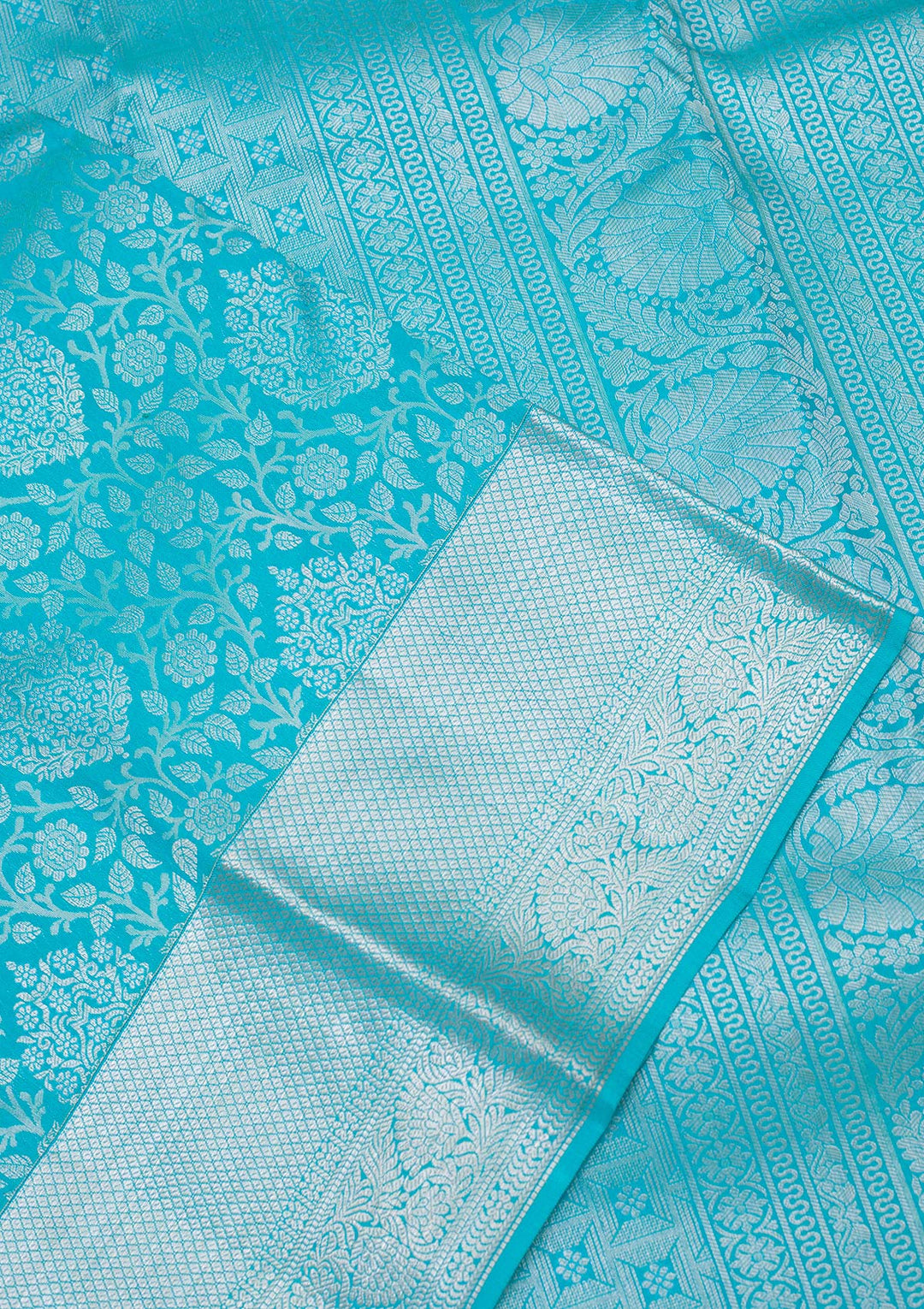 Turquoise Blue Silk Jaal Silver Zariwork Saree With Matching Blouse Piece