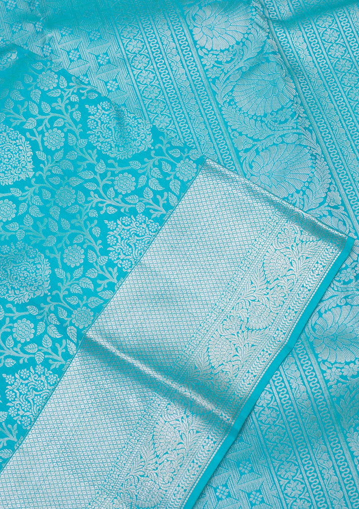 Turquoise Blue Silk Jaal Silver Zariwork Saree With Matching Blouse Piece