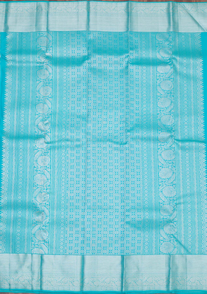 Turquoise Blue Silk Jaal Silver Zariwork Saree With Matching Blouse Piece