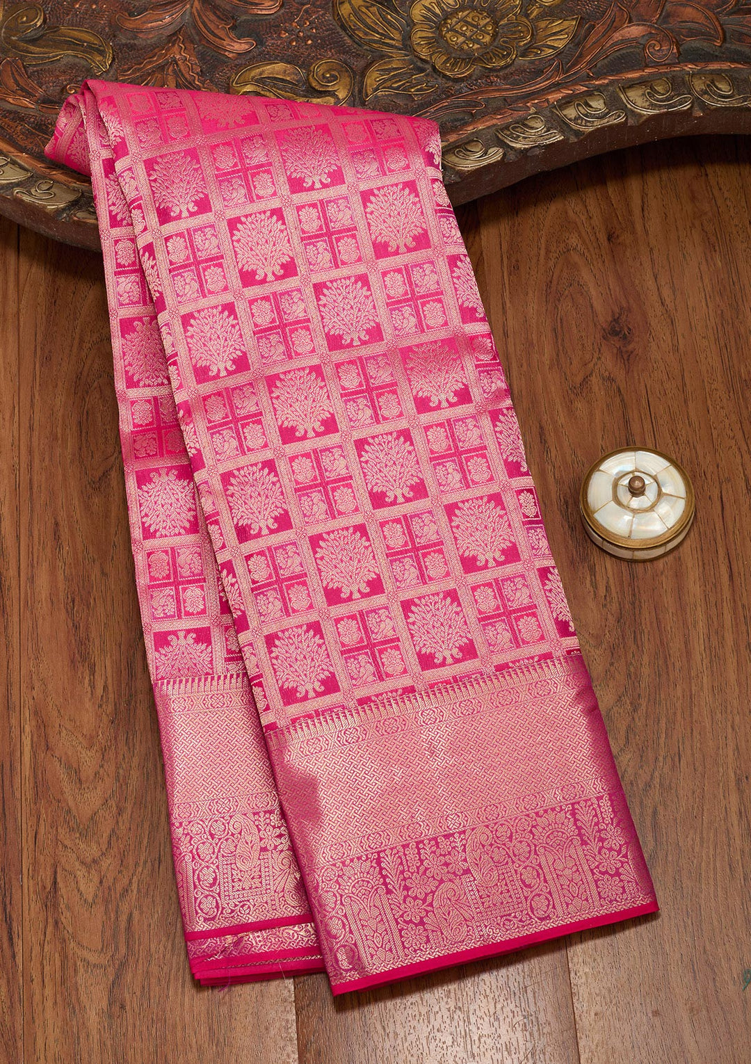 Rani Pink Silk Jaal Saree With Matching Blouse Piece
