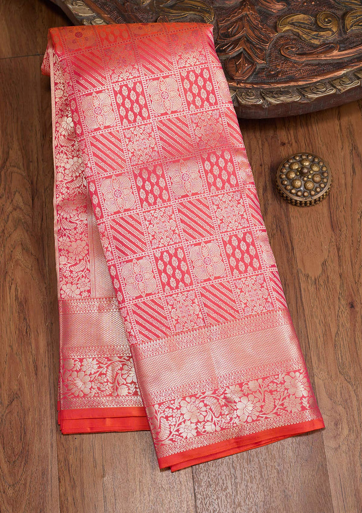Orange Pure Silk Jaal Gold Zariwork Saree With Matching Blouse Piece