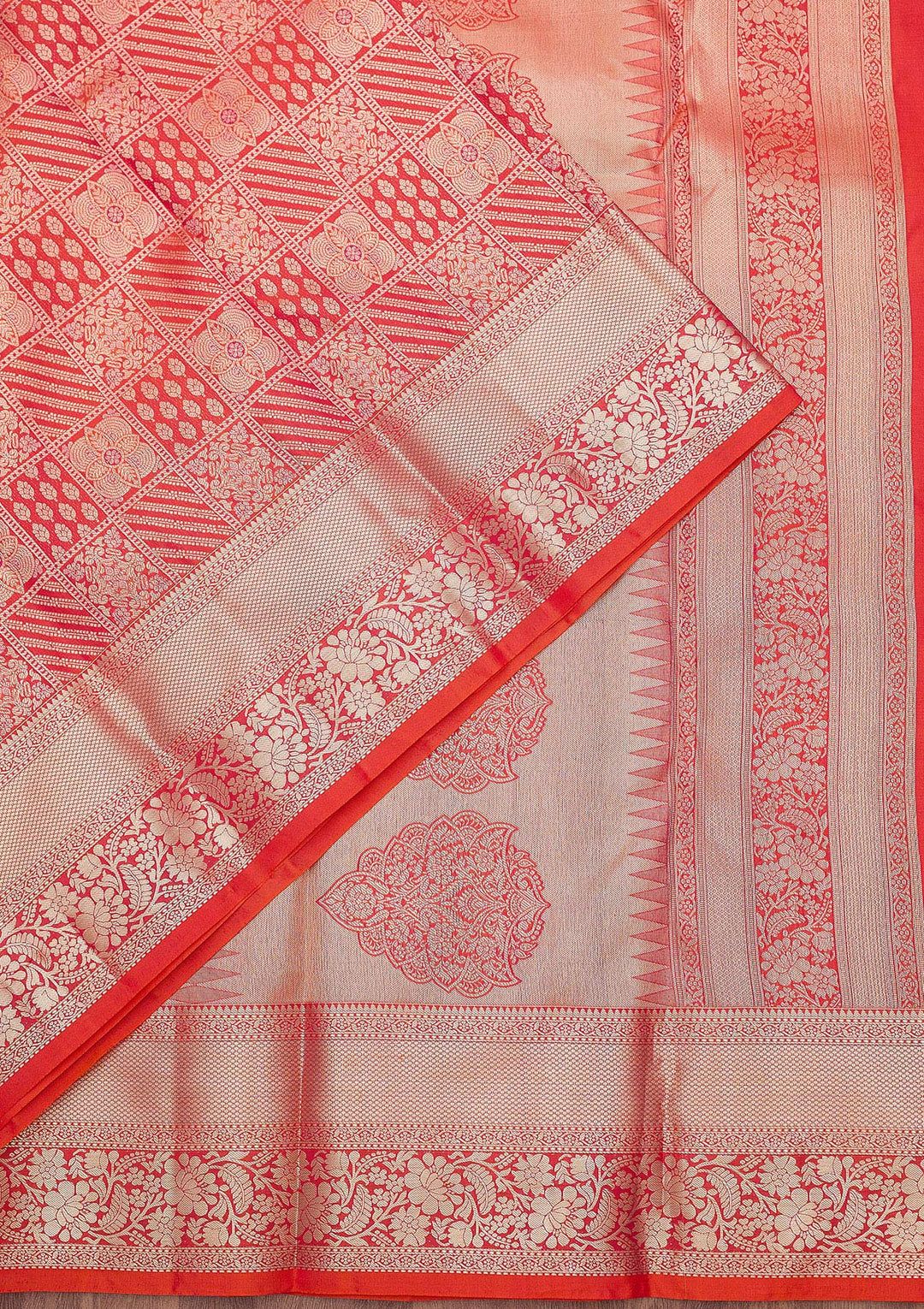 Orange Pure Silk Jaal Gold Zariwork Saree With Matching Blouse Piece