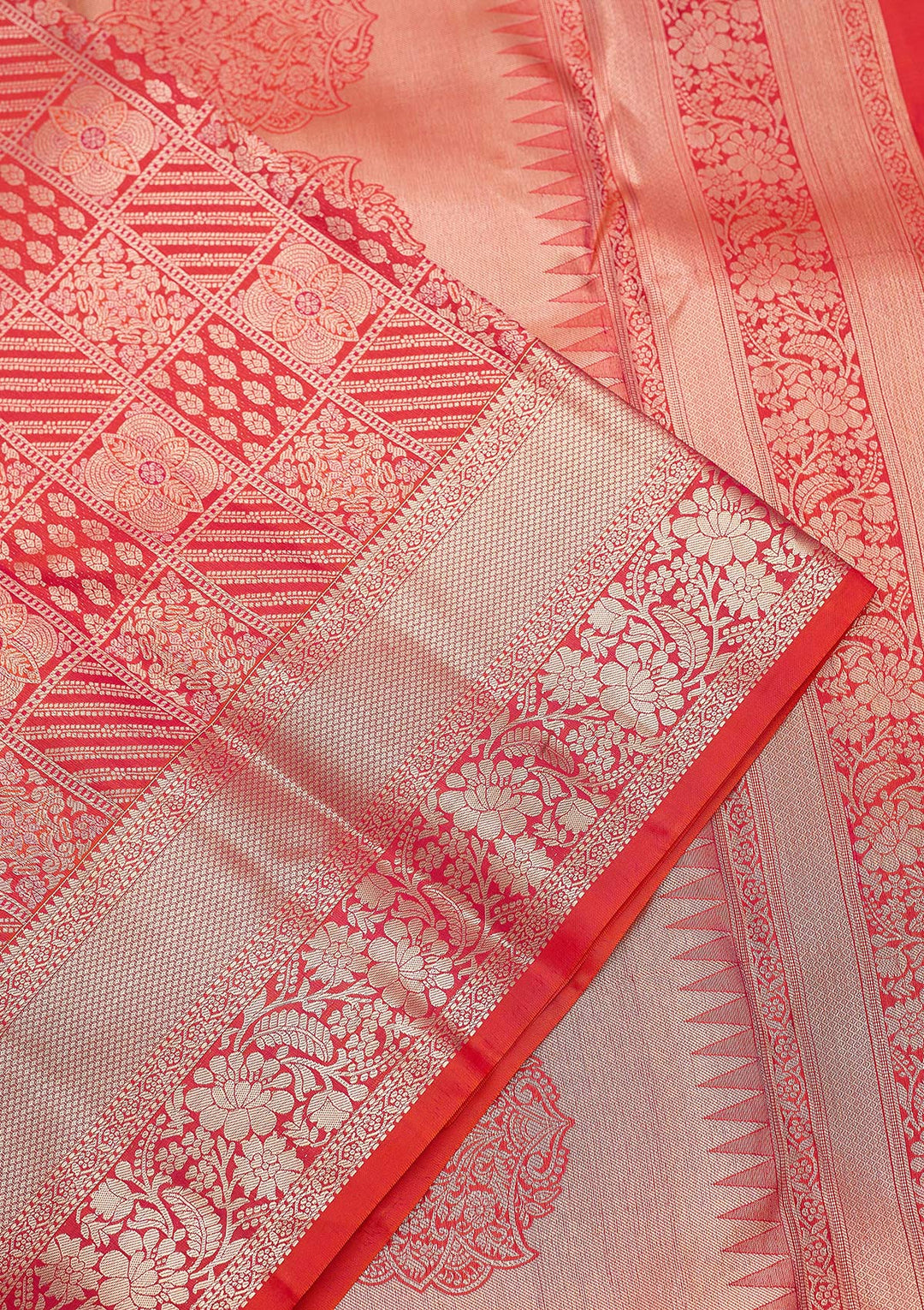 Orange Pure Silk Jaal Gold Zariwork Saree With Matching Blouse Piece