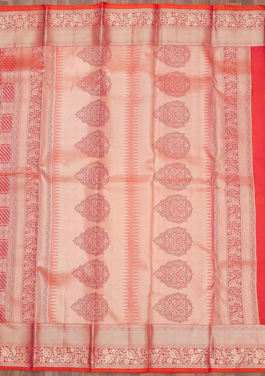 Orange Pure Silk Jaal Gold Zariwork Saree With Matching Blouse Piece