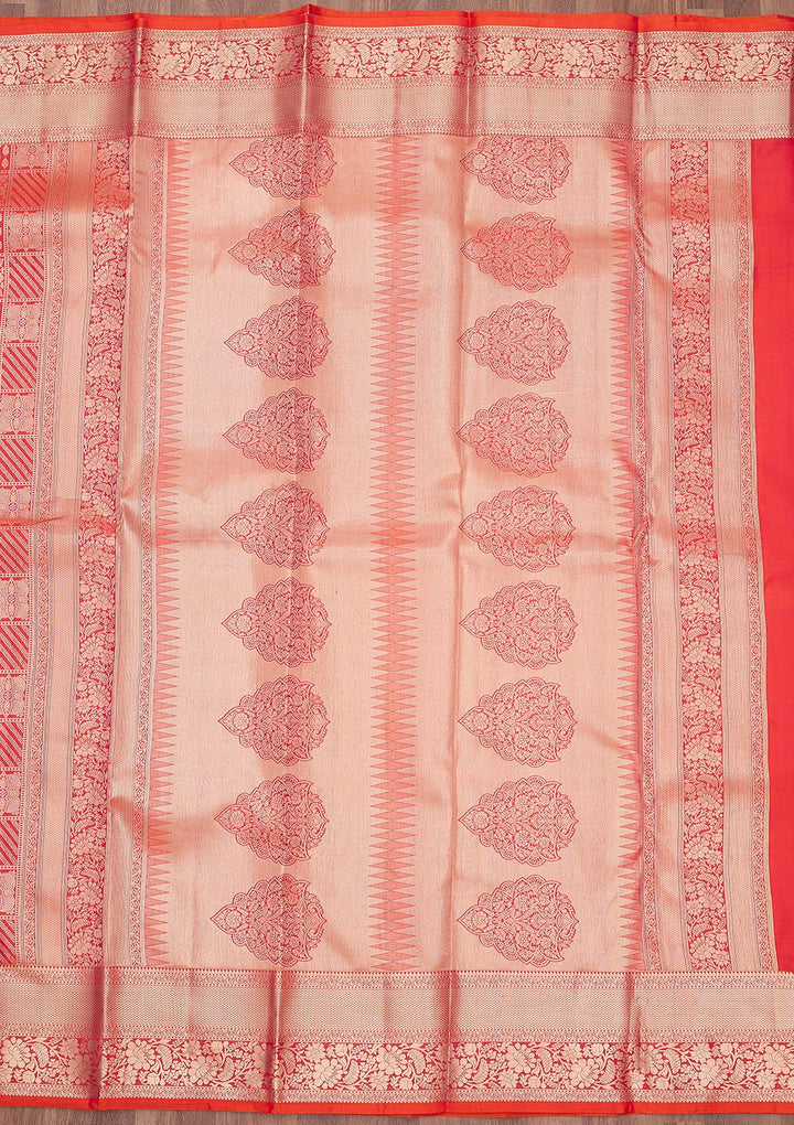 Orange Pure Silk Jaal Gold Zariwork Saree With Matching Blouse Piece