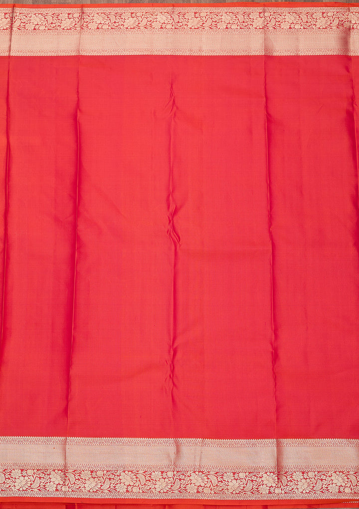 Orange Pure Silk Jaal Gold Zariwork Saree With Matching Blouse Piece